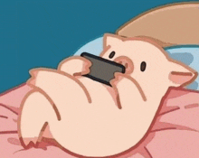 a pig is laying on a bed holding a cell phone in its mouth .