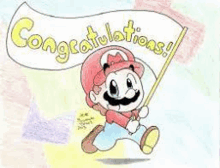 a drawing of a baby mario holding a flag that says `` congratulations ! ''