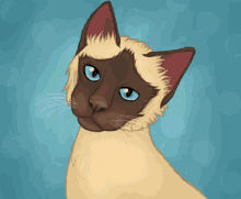 a drawing of a siamese cat with blue eyes looking up