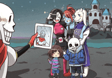 a group of cartoon characters are posing for a picture with papyrus