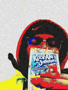 a man wearing sunglasses is holding a bag of kool aid jammers tropical punch