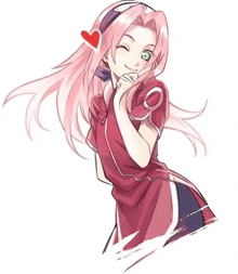 a drawing of a girl with pink hair and green eyes with a heart in her hair