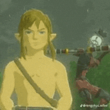 a shirtless link from the video game breath of the wild is standing next to a sword .