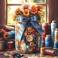 a painting of a mason jar filled with sewing supplies and flowers