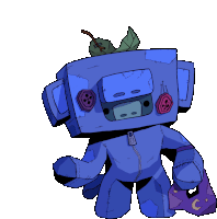 a cartoon drawing of a blue robot holding a bag