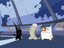 three cartoon cats are standing next to each other in a room in front of a window .