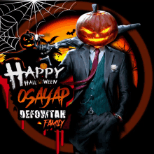 a man in a suit and tie with a pumpkin on his head says happy halloween defonyan family