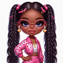 a doll with pigtails and glasses is wearing a jacket with hearts on it