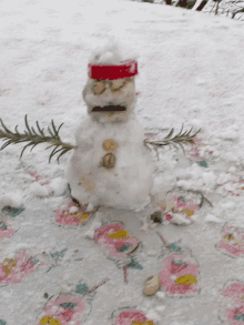 a snowman with a red headband and buttons on his face