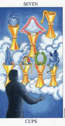 a tarot card shows the seven cups and a man standing in the clouds