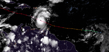 a satellite image of a hurricane moving through the ocean