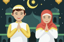 a man and a woman are standing in front of a mosque