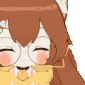 a close up of a cartoon girl wearing glasses and a yellow sweater with her eyes closed .