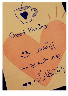 a drawing of a heart with a cup of coffee and the words good morning