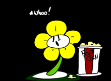 a drawing of a flower standing next to a bucket of popcorn