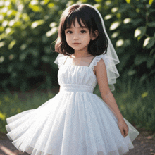 a little girl in a white dress and veil