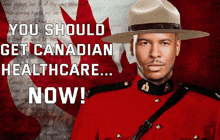 a man in a red uniform stands in front of a canadian flag