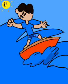 a cartoon boy is riding a wave on a surfboard