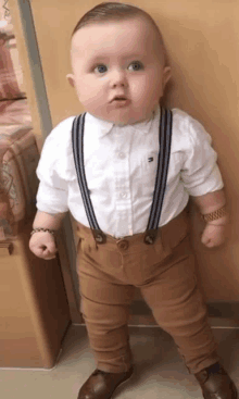 a baby wearing suspenders and a white shirt stands in front of a wall