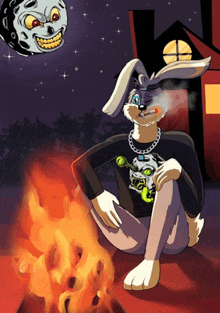 a cartoon of a bunny smoking a cigarette in front of a house