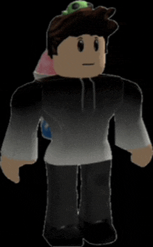 a roblox character is standing in front of a black background with a watermelon on his head .