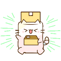 a cartoon cat is holding a cardboard box on its head