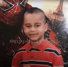 a young boy in a red and black striped shirt poses in front of a spider man costume