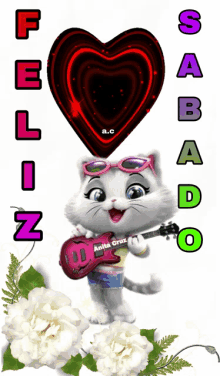 a picture of a cat holding a guitar with the words feliz sabado