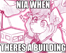 a drawing of a girl with the words nia when theres a building