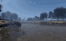 a screenshot of a video game shows a river surrounded by trees