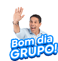 a man in a blue shirt is waving his hand in front of a sign that says bom dia grupo