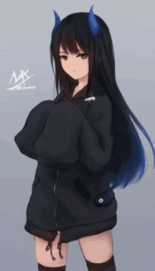 a girl with long black hair and blue horns wearing a black jacket .