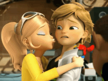 a cartoon girl kissing a boy on the cheek while a man looks on