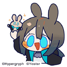 a drawing of a girl with bunny ears holding a stuffed animal