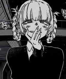 a black and white drawing of a girl with braids covering her mouth with her hand