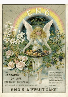 an advertisement for eno 's fruit cake shows a little girl with wings holding a basket of fruit