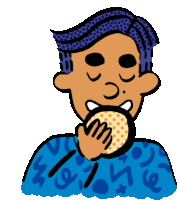 a cartoon of a man eating a waffle with the letter m on his shirt