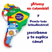 an advertisement for atomy in colombia shows a map of latin america