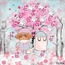 a drawing of a girl and a ghost under a tree with pink flowers