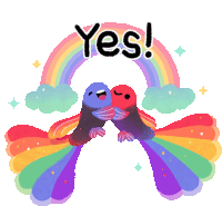 a couple of birds hugging under a rainbow with the word yes written above them