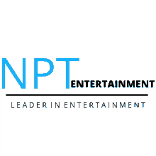 a logo for npt entertainment that is blue and black