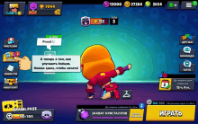 a screenshot of a game called brawl pass with a person pointing