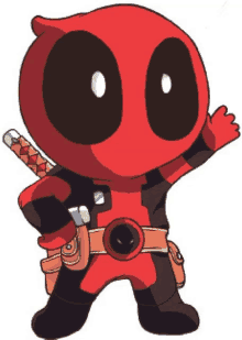 a cartoon of deadpool holding a sword and waving