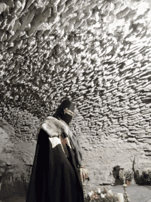 a man in a knight 's outfit stands in front of a stone ceiling