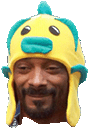 snoop dogg is wearing a yellow and blue hat with a fish on it .