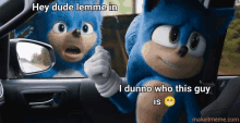 a picture of sonic the hedgehog in a car with the caption hey dude lemme in