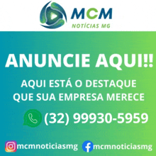 an advertisement for mcm noticias mg says " anuncio aqui "