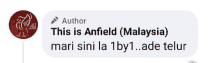 a screenshot of a facebook post that says `` this is anfield ( malaysia ) mari sini la 1by1 ade telur '' .