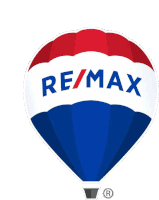 a red white and blue hot air balloon with re / max written on it