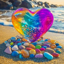 a rainbow heart surrounded by rocks on the beach